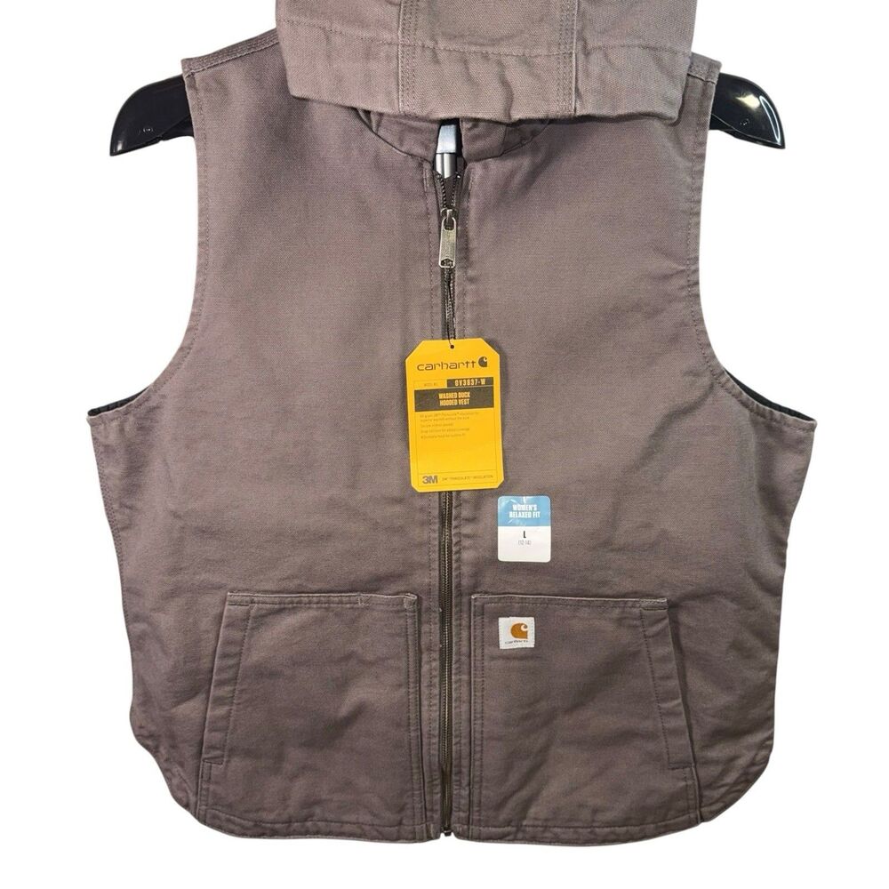Carhartt Women’s L Washed Duck Hooded Insulated Vest Taupe Gray NWT